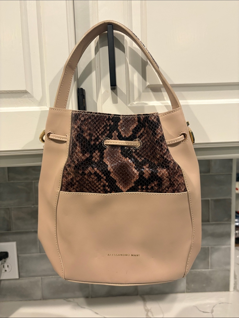 Beige Leather Bucket Bag with Snake-Print Panel